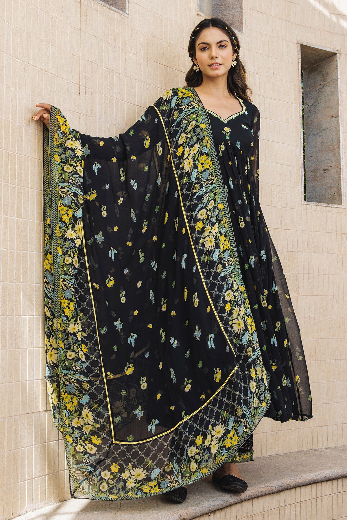 WOMEN'S BLACK - MULTICOLOR CHIFFON  STARDUST ANARKALI SET