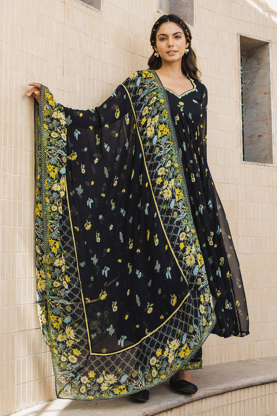 WOMEN'S BLACK - MULTICOLOR CHIFFON  STARDUST ANARKALI SET