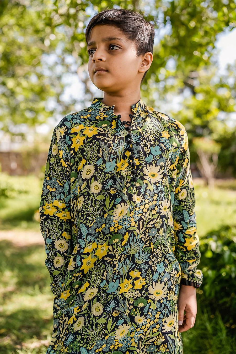 KID'S BLACK - MULTICOLOR COTTON MOSS AMIAS KURTA SET