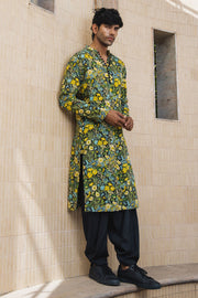 MEN'S BLACK - MULTICOLOR COTTON MOSS OLIVER KURTA