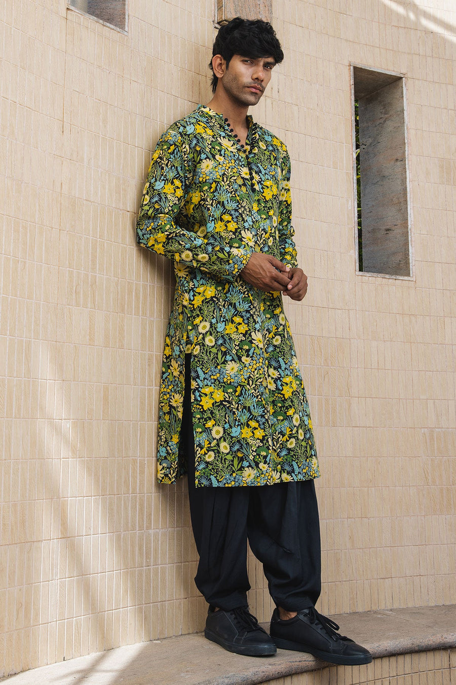 MEN'S BLACK - MULTICOLOR COTTON MOSS OLIVER KURTA SET