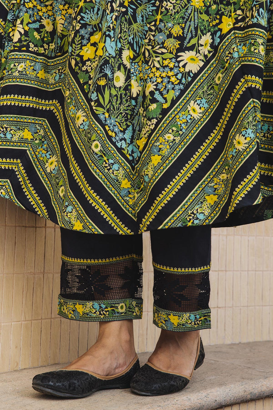 WOMEN'S BLACK - MULTICOLOR COTTON MOSS MIRAGE ANARKALI SET