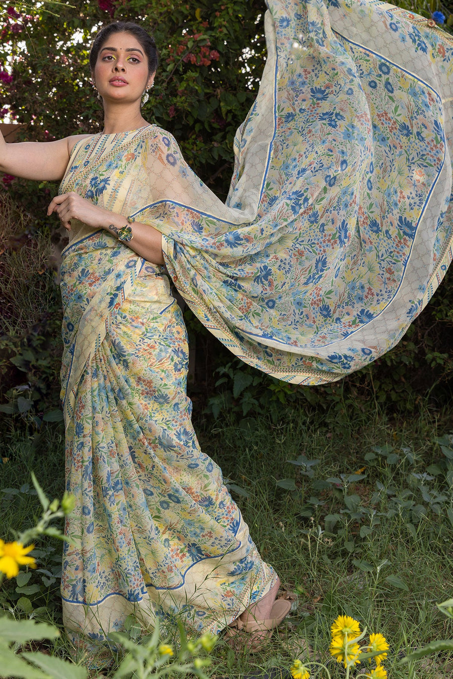 WOMEN'S PASTEL YELLOW - MULTI COLOR CHIFFON ELIANA SAREE