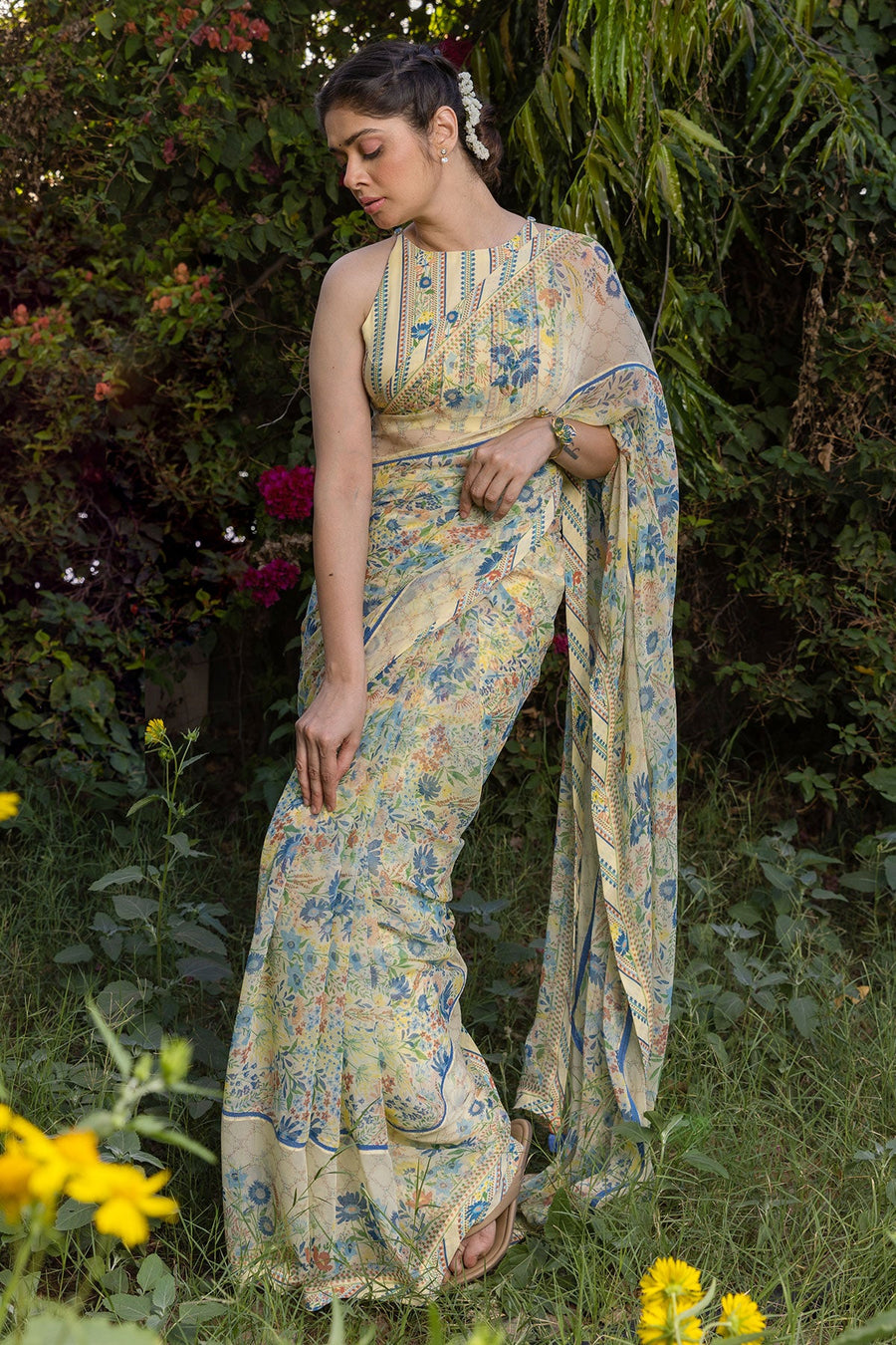 WOMEN'S PASTEL YELLOW - MULTI COLOR COTTON MOSS GARNET BLOUSE