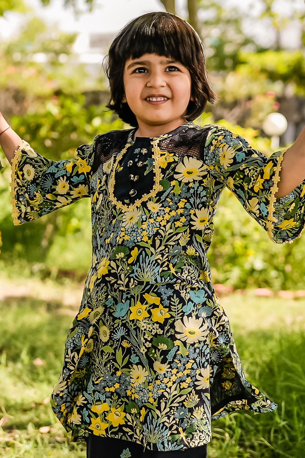 KID'S BLACK - MULTI COLOR COTTON MOSS PIXIE KURTA SET