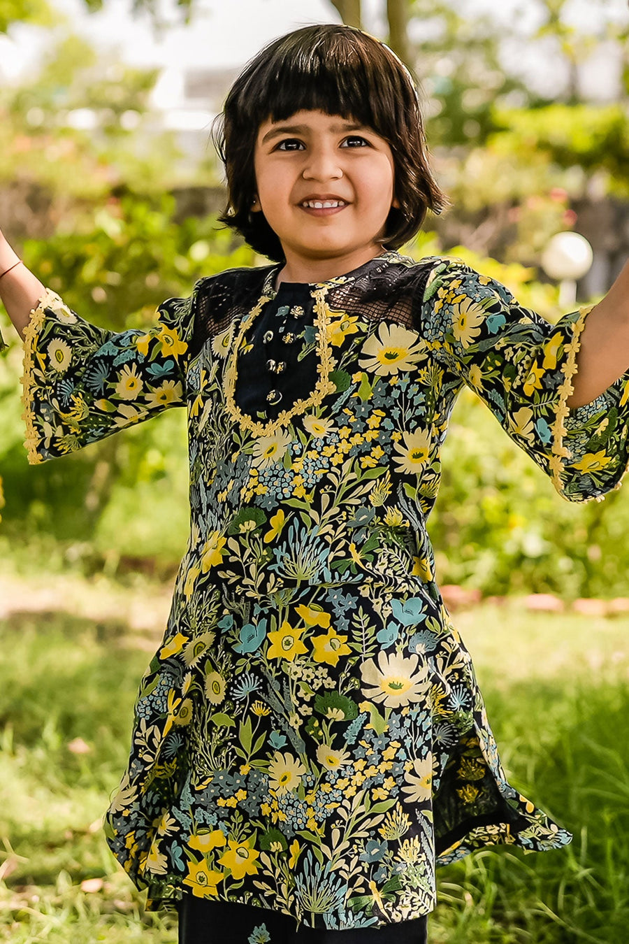 KID'S BLACK - MULTI COLOR COTTON MOSS PIXIE KURTA SET