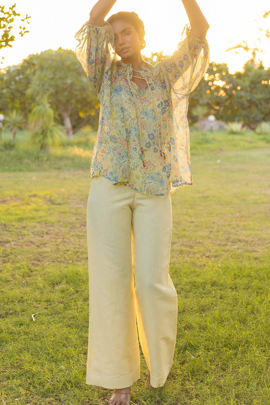 WOMEN'S PASTEL YELLOW - MULTICOLOR CHIFFON ELIVA TOP WITH SLIP