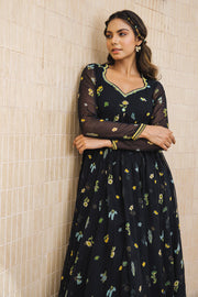 WOMEN'S BLACK - MULTICOLOR CHIFFON STARDUST ANARKALI KURTA