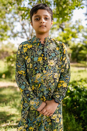 KID'S BLACK - MULTICOLOR COTTON MOSS AMAIS KURTA