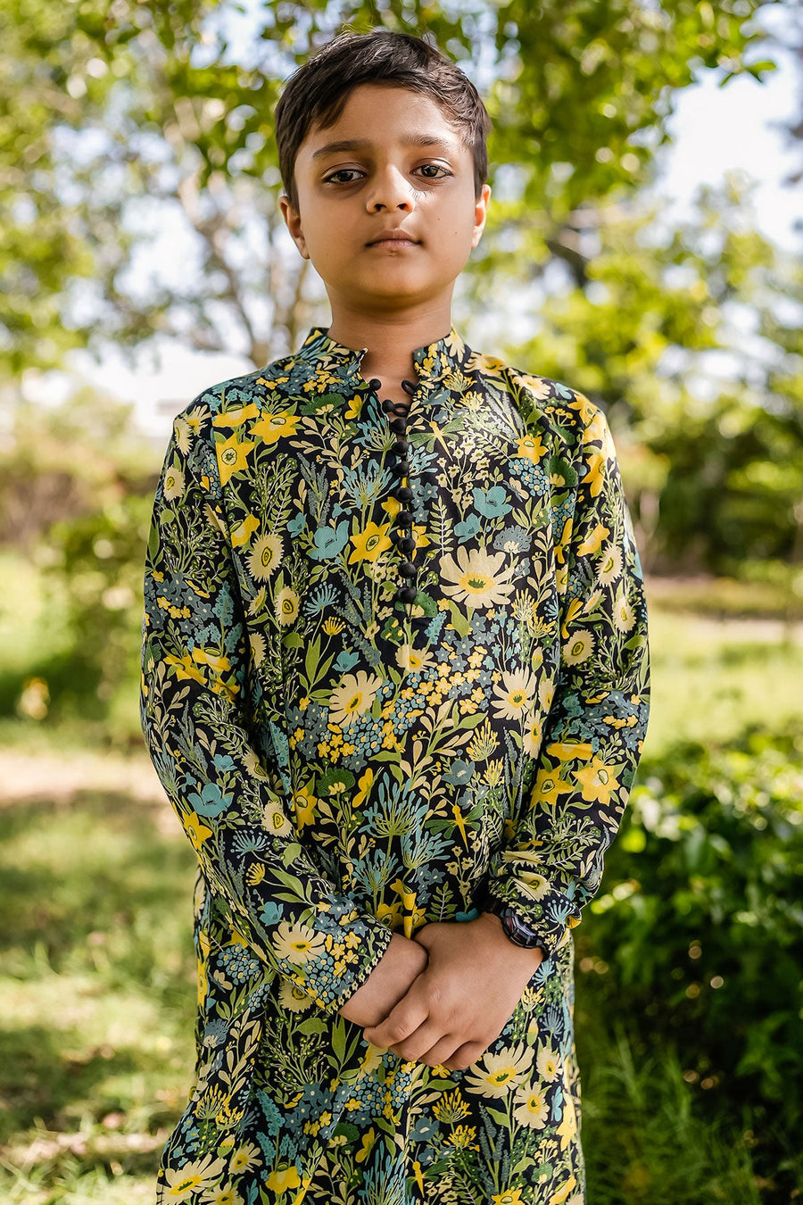 KID'S BLACK - MULTICOLOR COTTON MOSS AMAIS KURTA