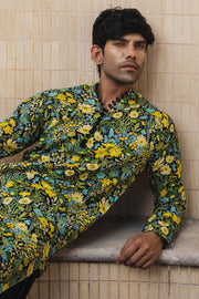 MEN'S BLACK - MULTICOLOR COTTON MOSS OLIVER KURTA SET