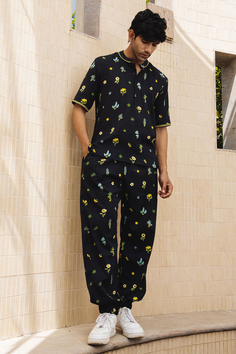 MENS WEAR BLACK COTTON MOSS PHOENIX CO-ORD SET