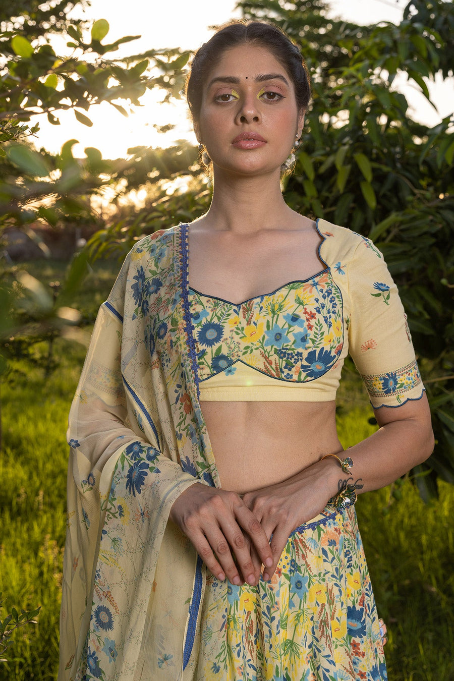 WOMEN'S PASTEL YELLOW - MULTICOLOR COTTON MOSS PARADISE LEHENGA SET