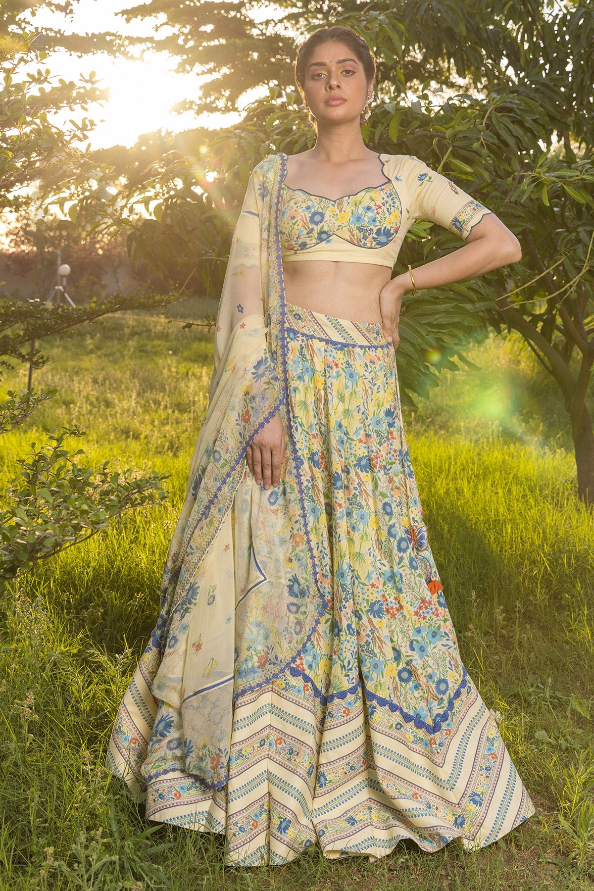 WOMEN'S PASTEL YELLOW - MULTICOLOR COTTON MOSS PARADISE LEHENGA SET