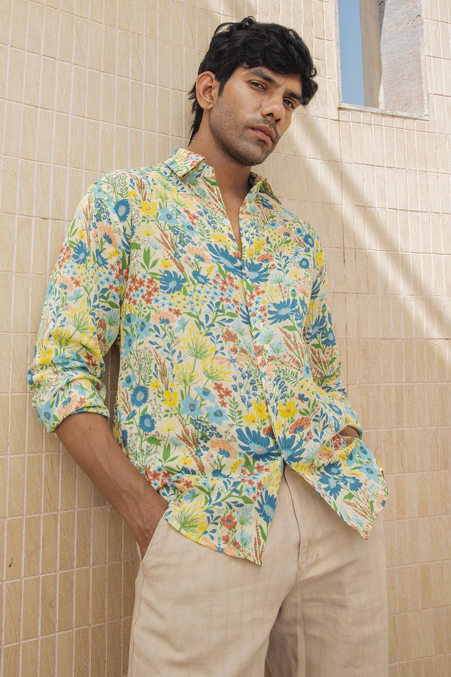 MEN'S PASTEL YELLOW - MULTICOLOR COTTON MOSS LIRIO SHIRT