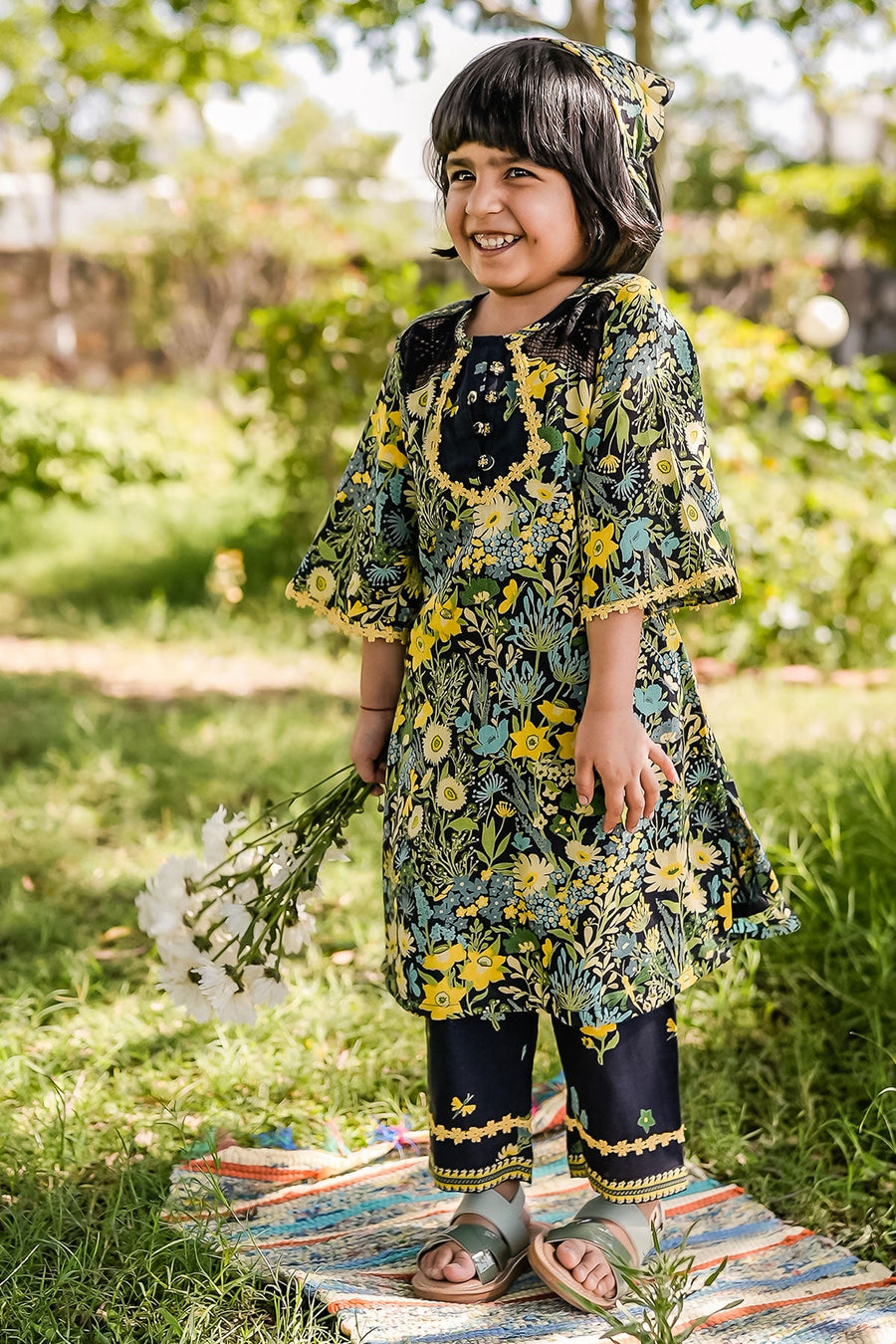 KID'S BLACK - MULTI COLOR COTTON MOSS PIXIE KURTA SET