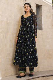 WOMEN'S BLACK - MULTICOLOR CHIFFON STARDUST ANARKALI KURTA