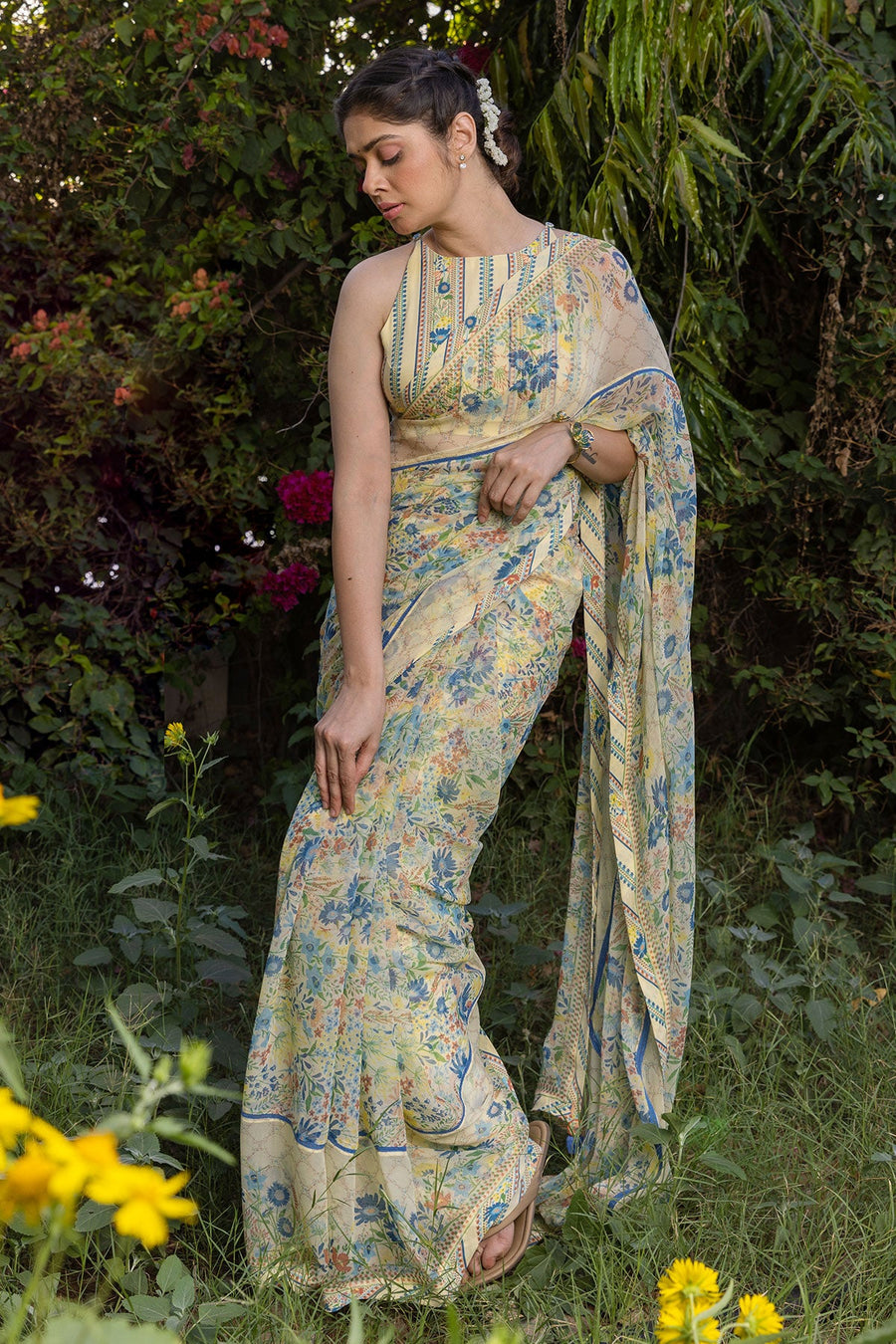 WOMEN'S PASTEL YELLOW - MULTI COLOR CHIFFON ELIANA SAREE