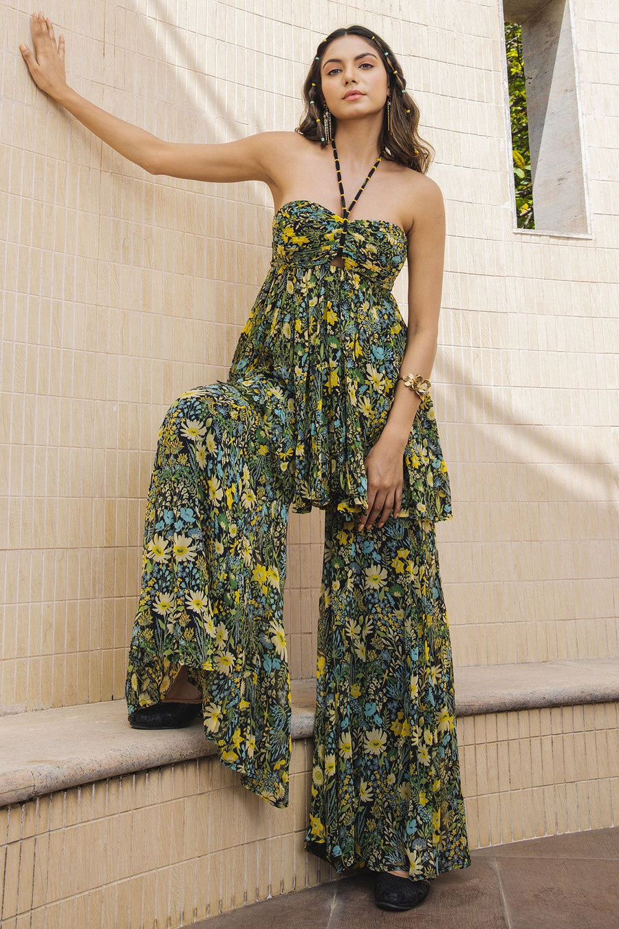 WOMEN'S BLACK - MULTI COLOR CHIFFON WHIMSY GHARARA SET