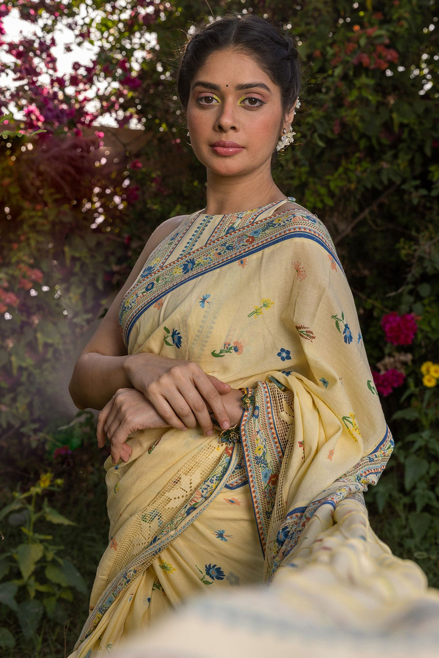 WOMEN'S PASTEL YELLOW - MULTI COLOR COTTON MOSS SERENITEE SAREE