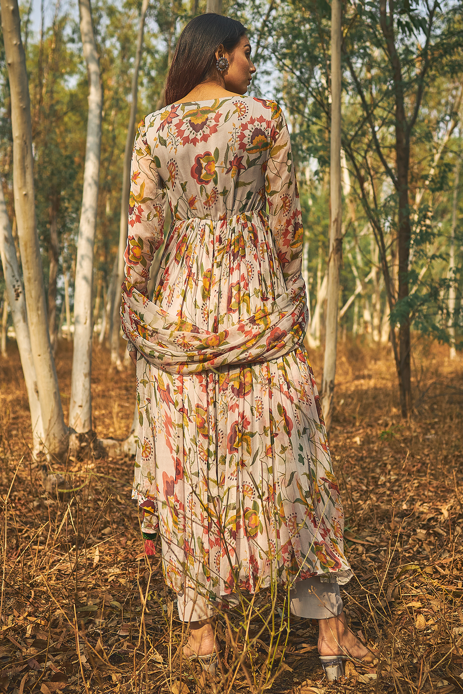 WOMEN'S GREY CHIFFON & COTTON MODAL ROHIRA KURTA SET