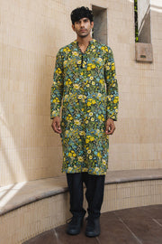 MEN'S BLACK - MULTICOLOR COTTON MOSS OLIVER KURTA SET