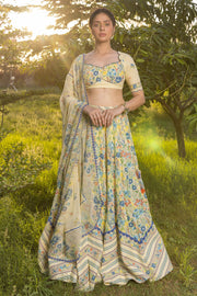 WOMEN'S PASTEL YELLOW - MULTICOLOR COTTON MOSS PARADISE LEHENGA SET