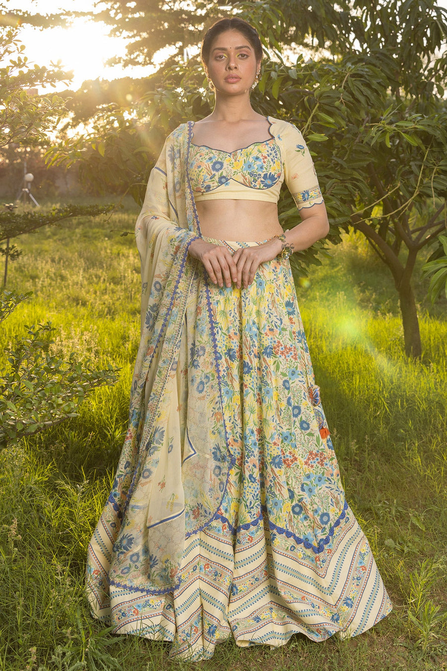 WOMEN'S PASTEL YELLOW - MULTICOLOR COTTON MOSS PARADISE LEHENGA SET