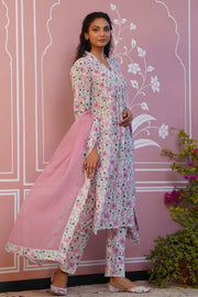 WOMEN'S PINK AND WHITE COTTON MELLOW KURTA SET