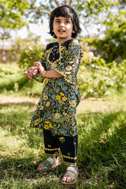 KID'S BLACK - MULTI COLOR COTTON MOSS PIXIE KURTA SET
