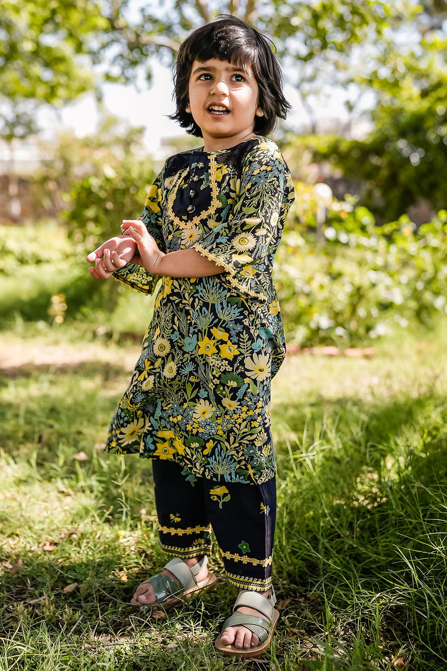 KID'S BLACK - MULTI COLOR COTTON MOSS PIXIE KURTA SET