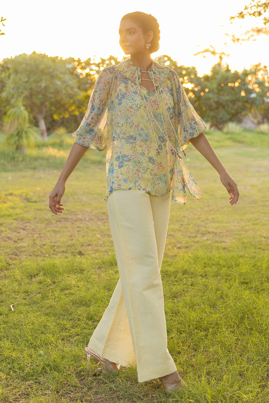 WOMEN'S PASTEL YELLOW - MULTICOLOR CHIFFON ELIVA TOP WITH SLIP