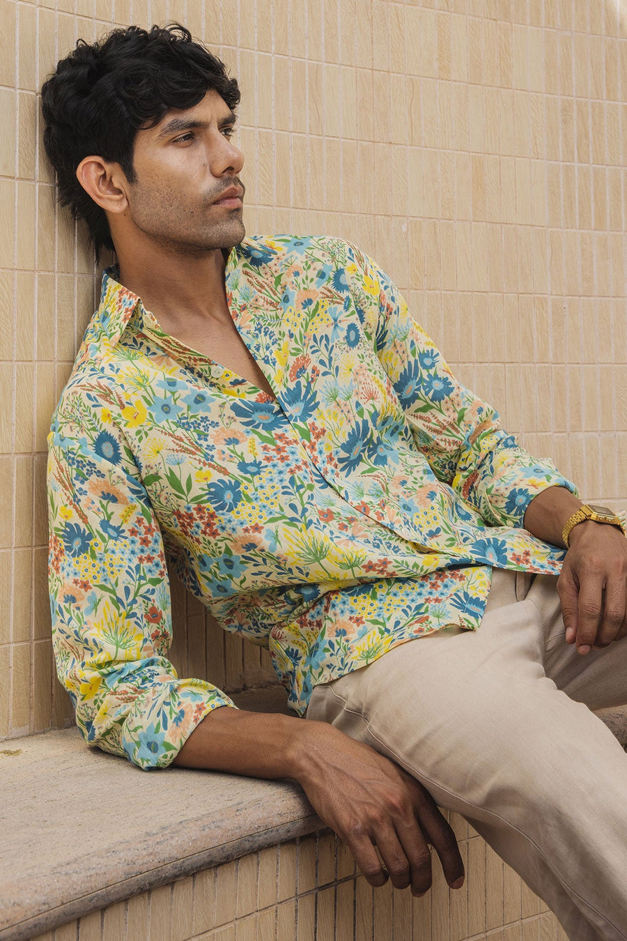 MEN'S PASTEL YELLOW - MULTICOLOR COTTON MOSS LIRIO SHIRT