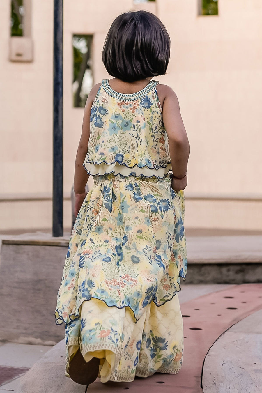 KID'S PASTEL YELLOW - MULTICOLOR CHIFFON ANGIE LEHENGA SET