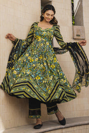 WOMEN'S BLACK - MULTICOLOR COTTON MOSS MIRAGE ANARKALI SET