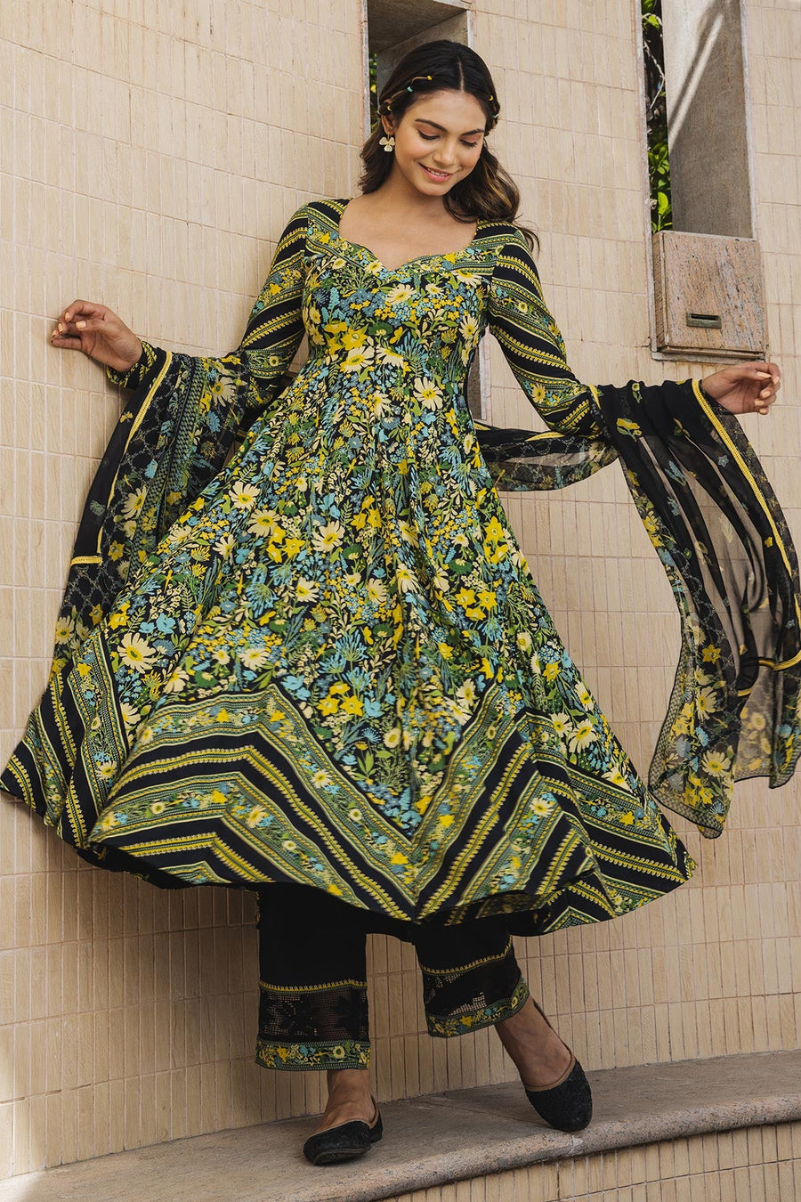 WOMEN'S BLACK - MULTICOLOR COTTON MOSS MIRAGE ANARKALI SET