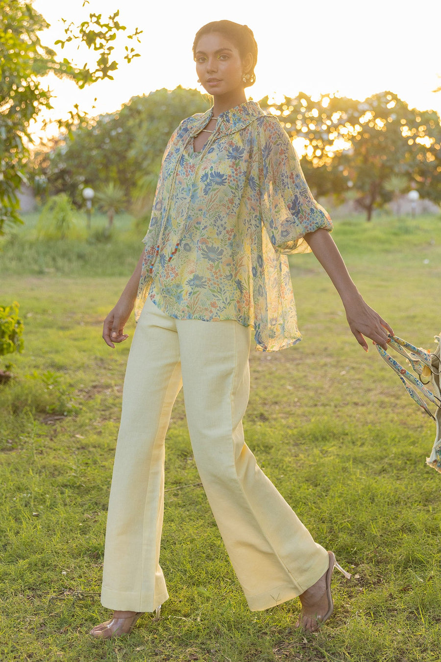 WOMEN'S PASTEL YELLOW - MULTICOLOR CHIFFON ELIVA TOP WITH SLIP