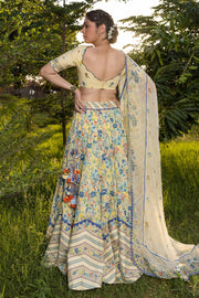 WOMEN'S PASTEL YELLOW - MULTICOLOR COTTON MOSS PARADISE LEHENGA SET