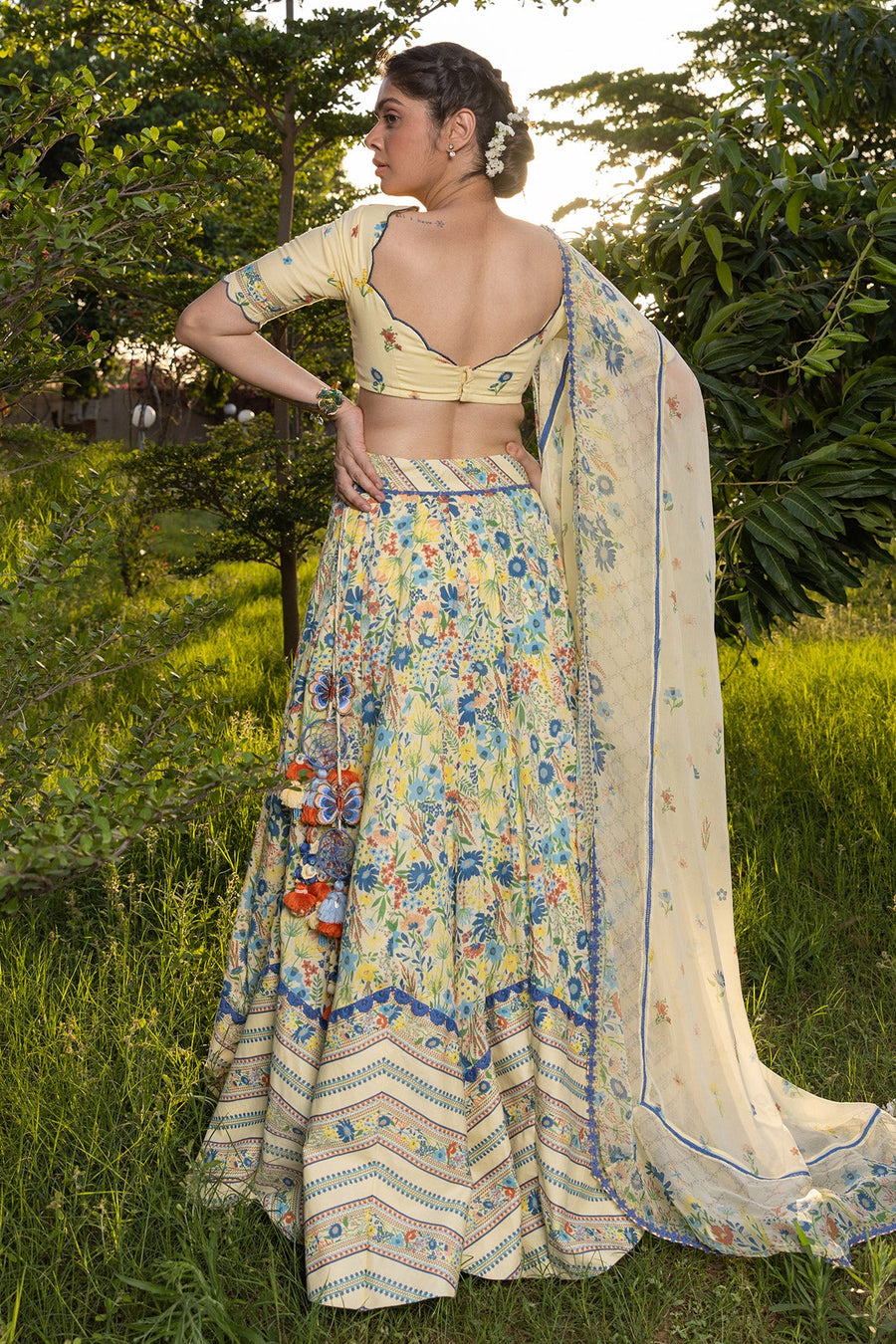 WOMEN'S PASTEL YELLOW - MULTICOLOR COTTON MOSS PARADISE LEHENGA SET