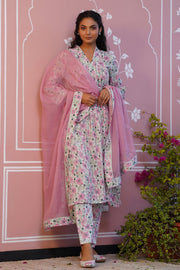 WOMEN'S PINK AND WHITE COTTON MELLOW KURTA SET