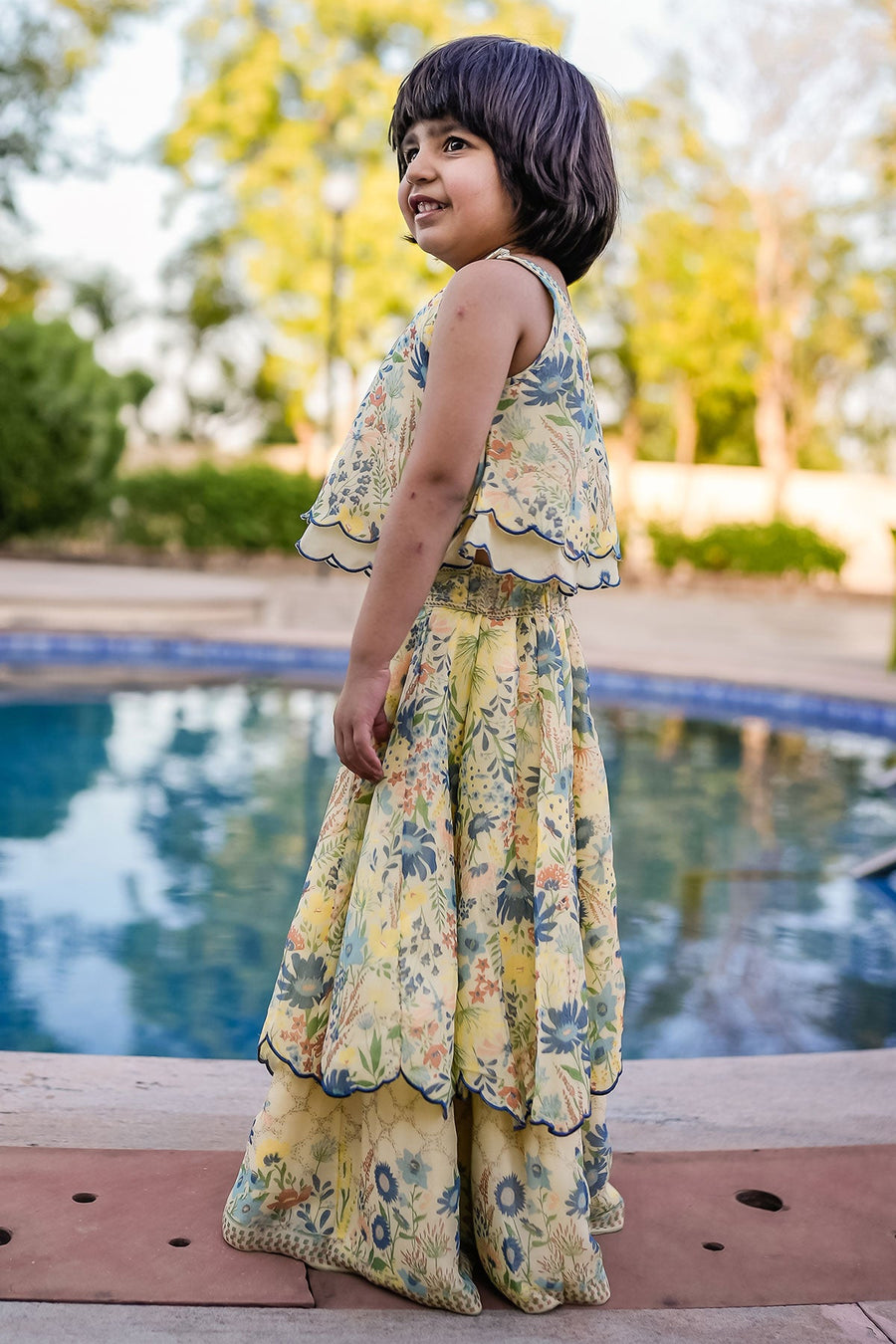 KID'S PASTEL YELLOW - MULTICOLOR CHIFFON ANGIE LEHENGA SET