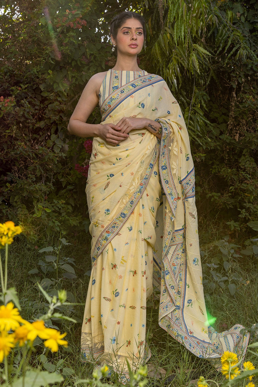 WOMEN'S PASTEL YELLOW - MULTI COLOR COTTON MOSS SERENITEE SAREE