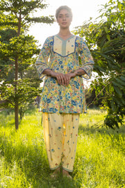 WOMEN'S PASTEL YELLOW - MULTI COLOR COTTON MOSS TULIE A-LINE KURTA SET