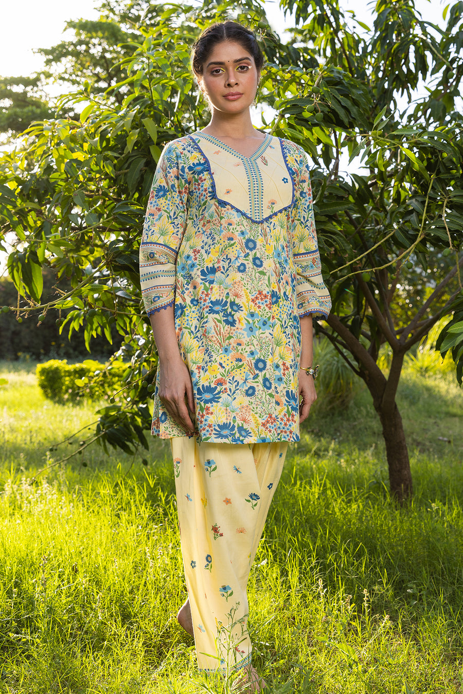 WOMEN'S PASTEL YELLOW - MULTI COLOR COTTON MOSS TULIE A-LINE KURTA SET
