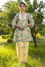 WOMEN'S PASTEL YELLOW - MULTI COLOR COTTON MOSS TULIE A-LINE KURTA SET