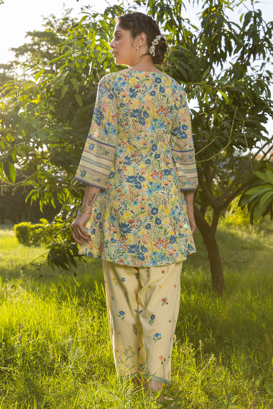 WOMEN'S PASTEL YELLOW - MULTI COLOR COTTON MOSS TULIE A-LINE KURTA SET