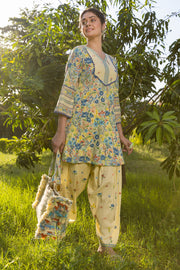 WOMEN'S PASTEL YELLOW - MULTI COLOR COTTON MOSS TULIE A-LINE KURTA SET