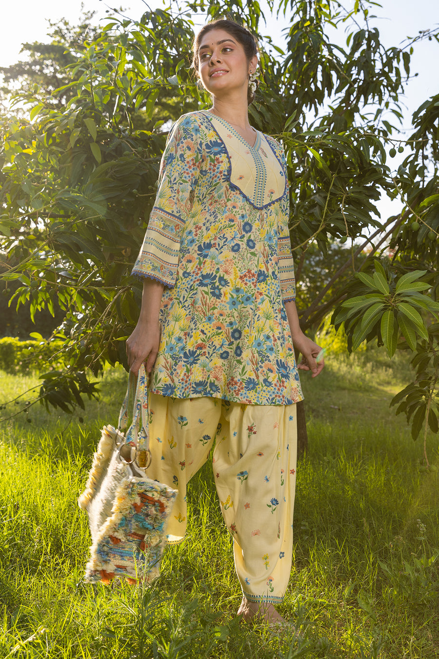 WOMEN'S PASTEL YELLOW - MULTI COLOR COTTON MOSS TULIE A-LINE KURTA SET