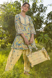 WOMEN'S PASTEL YELLOW - MULTI COLOR COTTON MOSS TULIE A-LINE KURTA SET