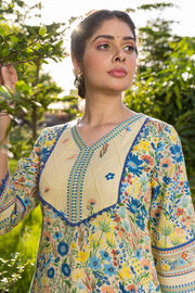 WOMEN'S PASTEL YELLOW - MULTI COLOR COTTON MOSS TULIE A-LINE KURTA SET